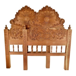 Vintage Mid Century Solid Wood Heavily Carved Sunburst Twin Headboards - a Pair For Sale
