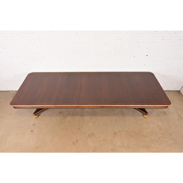 Late 20th Century Baker Furniture Stately Homes Collection Mahogany, Burl Wood, and Parcel-Gilt Double Pedestal Extension Dining Table, Newly Restored For Sale - Image 5 of 18
