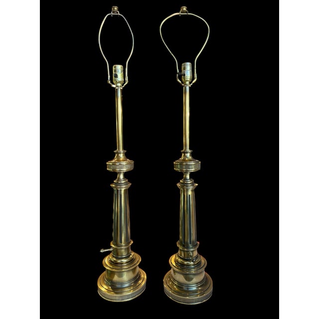 Stiffel Solid Brass Table Lamps With Original Shades 1950s - a Pair For Sale - Image 15 of 18