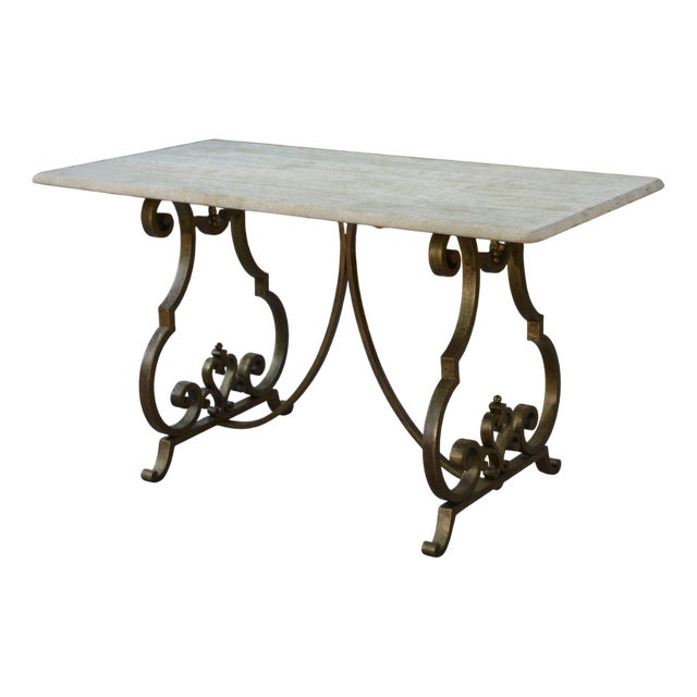 Side Table with Gilt Wrought Iron Base by Gilbert Poillerat, 1940s For Sale