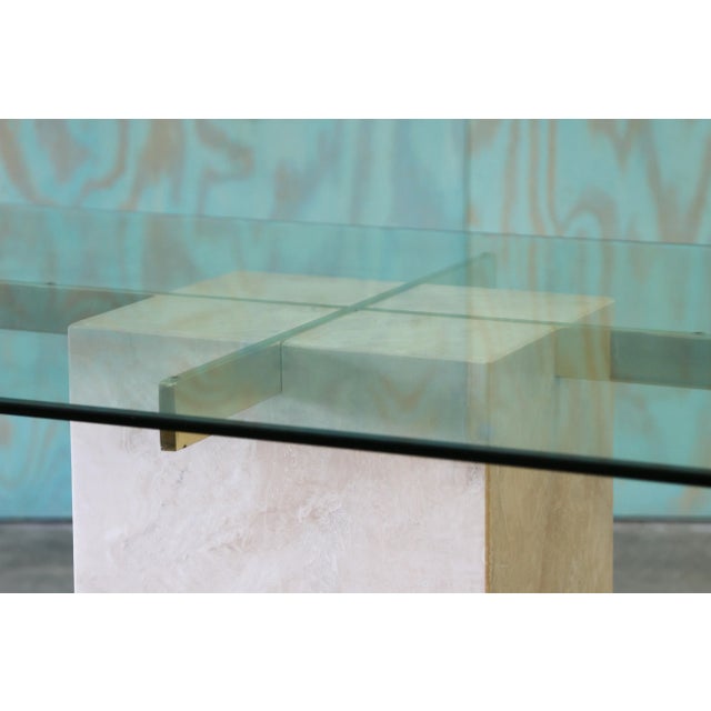 Mid-Century Modern Vintage Italian Travertine Stone & Brass Dining Table Post Modern Artedi For Sale - Image 3 of 10
