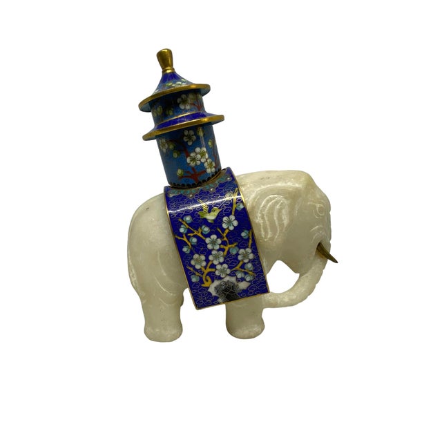 Vintage Japanese Carved Alabaster Elephant Figurine With Blue Cloisonné Ink Well With Cherry