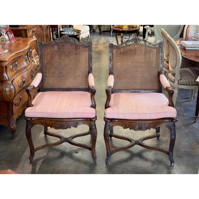 French 19th Century Pair of Carved French Walnut Armchairs With Caned Backs For Sale - Image 3 of 16