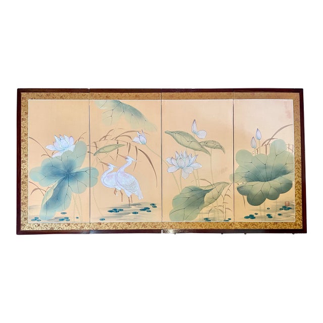 Mid-Century Hand Painted Asian Four Panel Lotus and Crane Screen For Sale
