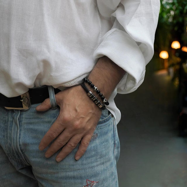 Early 21st Century Men's Fashion Style Black Leather & Silver Bracelet For Sale - Image 5 of 7