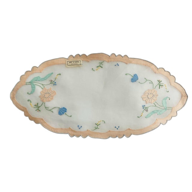 Hollywood Regency Madeira Embroidered Organdy Table or Tray Mats With Original Labels - a Pair For Sale - Image 3 of 4