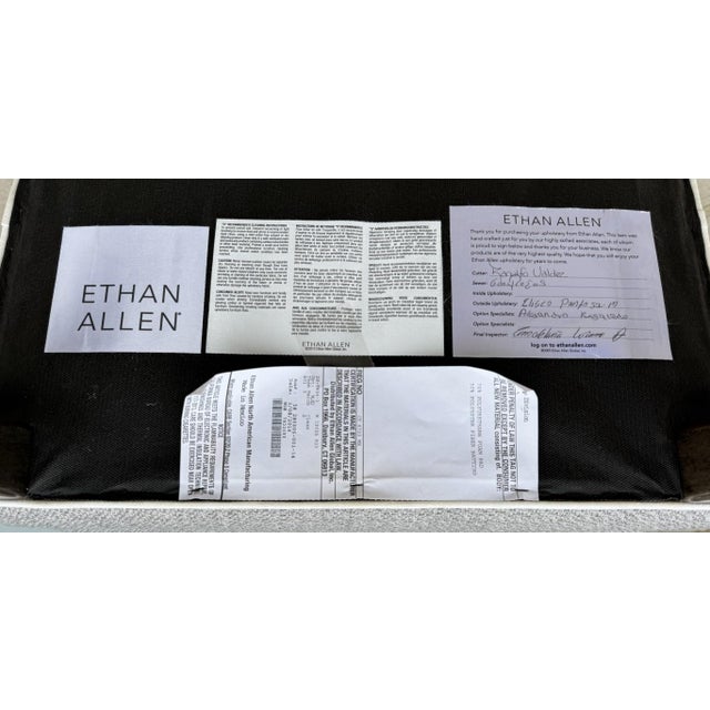 Ethan Allen Gray Upholstered Ottoman With White Piping For Sale - Image 9 of 9
