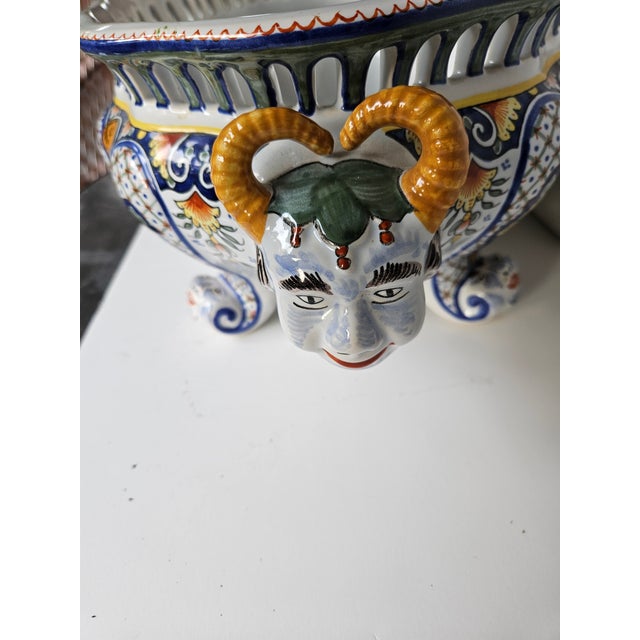 Wonderful Hand Painted French Centerpiece or Cachepot in vibrant colors, having mythical creatures as handles and as feet....