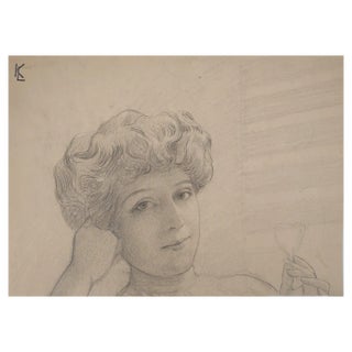 Léopold Franz Kowalski, Portrait of Solène Holding a Flower, Original Drawing For Sale