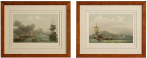 After Petrus Johannes Schotel, Naval Battle, Etna and Palermo Engagements of 1676, Lithographs, Set of 2, Framed