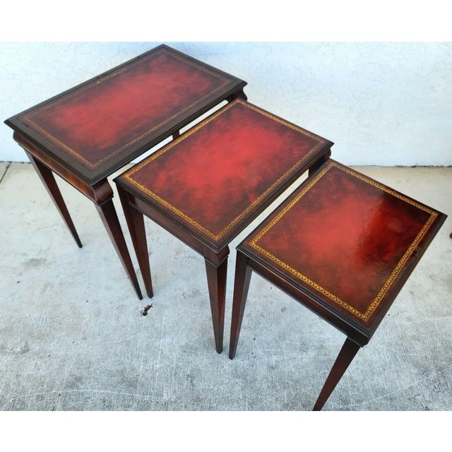 Mid Century Tooled Red Leather Mahogany Nesting Tables For Sale - Image 13 of 13