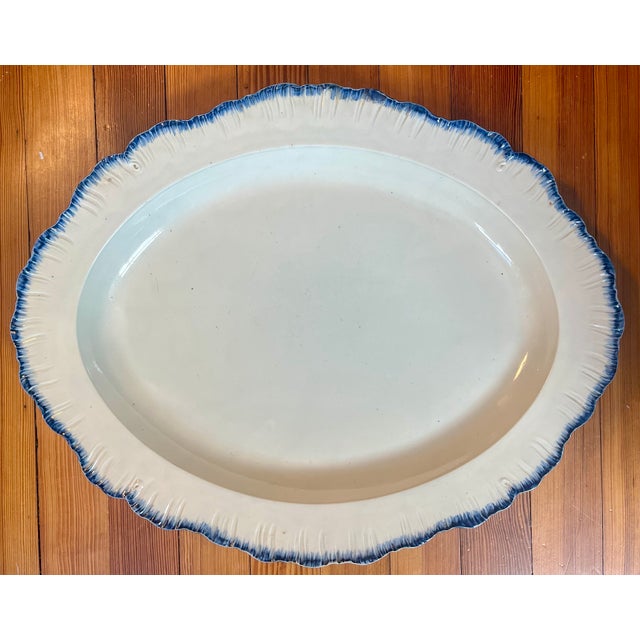 Ceramic Large Antique 18th Century English George III Creamware Blue Shell Edge or Feather Edge Oval Platter Circa 1790 For Sale - Image 7 of 9