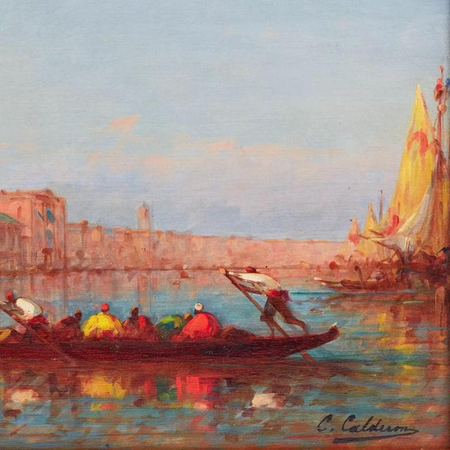 Charles-Clément Calderon, View of the Doges Palace and St Marks Square in Venice, 1870, Oil on Panel, Framed For Sale - Image 4 of 8