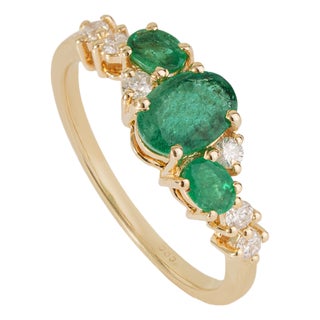 14k Gold 1.09ct Natural Oval Emerald & Diamond Cluster Ring Size 7 For Sale