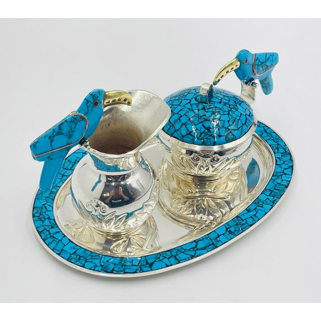 1960s Fajardo Taxco Silver Plate Brass Lapis Toucan Creamer Sugar Tray Set - 3pcs For Sale - Image 10 of 18
