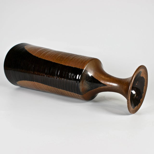 Tall Signed Ceramic Chocolate & Cinnamon Glazed Vase For Sale - Image 4 of 11