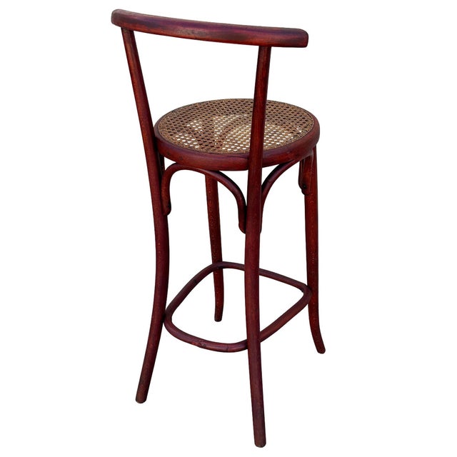 Late 19th Century Vienna Secession Bent Oak & Cane Bar Stool W/ Backrest Attributed to Gebrüder Thonet For Sale - Image 4 of 8