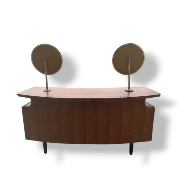 Mid 20th Century G-Plan Walnut Curved Dressing Table With Mirrors For Sale In New York - Image 6 of 7