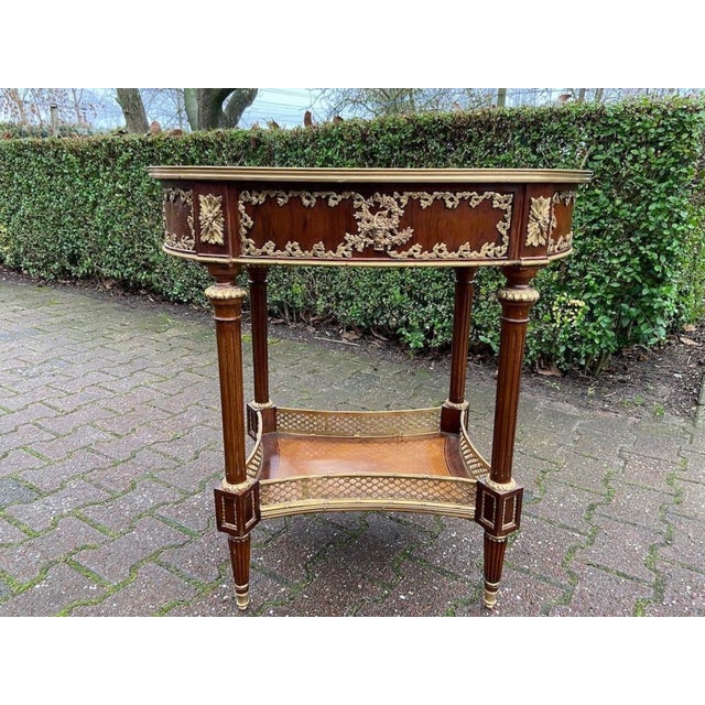 French Late 20c French Artisan Louis XVI Mahogany Marble Side Table For Sale - Image 3 of 13