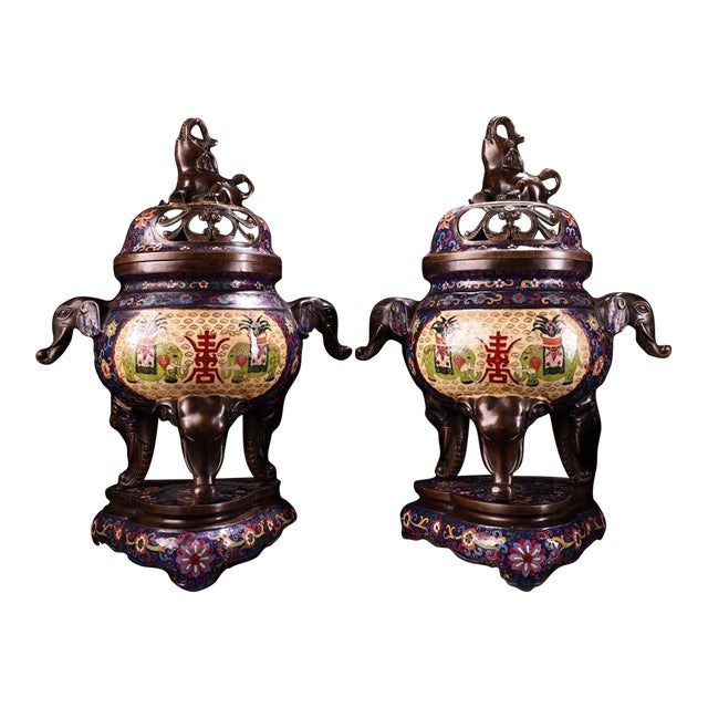 Late 20th Century Pair of Gilt Bronze Cloisonné Enamel Elephant Incense Burners For Sale