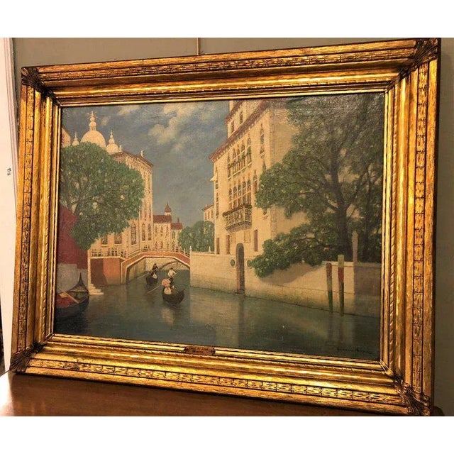 A Gulbrand Sether Norwegian American oil on canvas of a Venice canal. Canal De lovo -Venice in a fine and highly detained...
