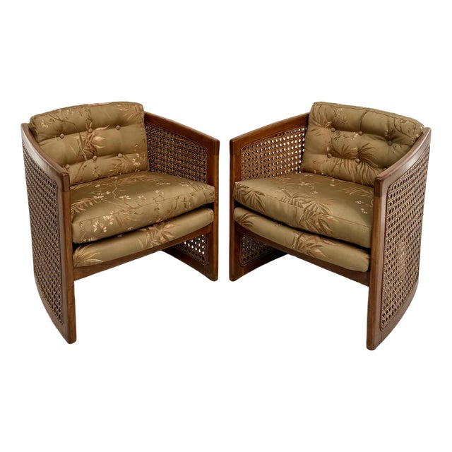 Pair of Vintage Wood and Cane Upholstered Side Chairs For Sale