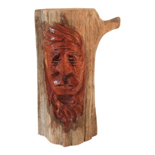 Vintage Hand Carved Wood Face Sculpture For Sale