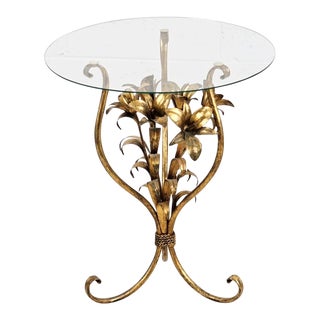 1970s Hans Kögl Gilded Metal Floral Side Table With Glass Top For Sale