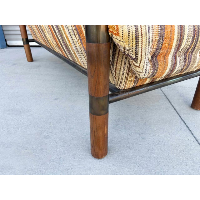 1970s Vintage Brutalist Wood, Brass, and Striped Upholstered Sofa For Sale - Image 10 of 12