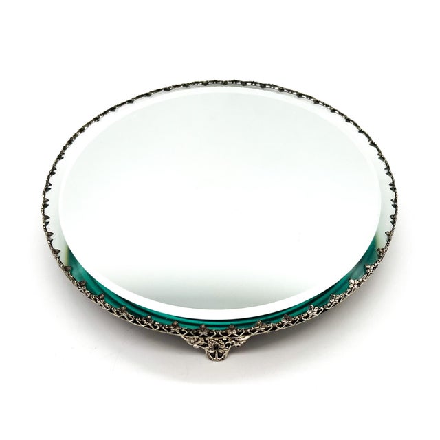 8" Vintage Round Mirrored Plateau Tray With Ornate Silver-Tone Gallery – Hollywood Regency / Neoclassical For Sale - Image 13 of 15