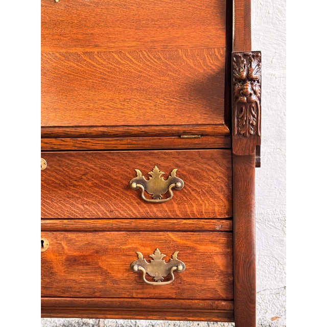Antique Tiger Oak Slant Front Secretary Desk For Sale - Image 13 of 15