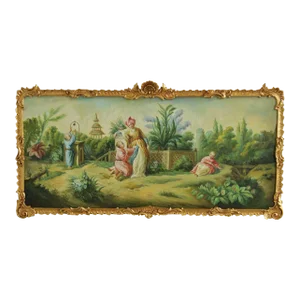 Asian Garden Landscape Original Oil Painting in Custom Gilt Frame