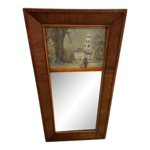 19th Century Early American Traditional Mirror With Landscape Church Painting