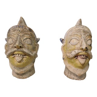 Large Antique Indian Terracotta Tent Pole Tops, Set of 2 For Sale