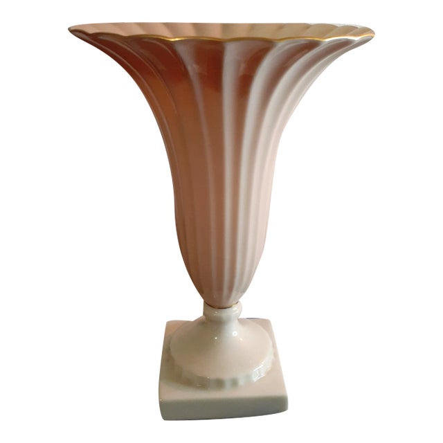 Vintage Lenox Porcelain Pink Fluted Vase on Beige Pedestal For Sale