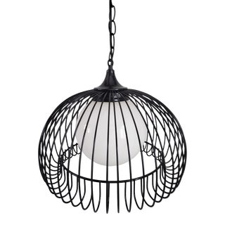 Vintage 1960's Wire Cage Pendant Light in Black With White Frosted Glass Globe For Sale