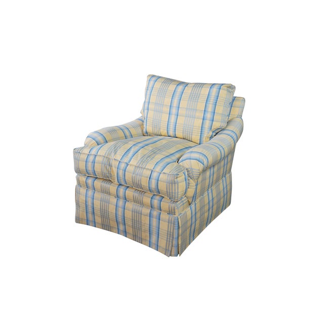Traditional Vintage Swaim Yellow & Blue Plaid Down Filled Library Club Skirted Arm Chair For Sale - Image 3 of 18
