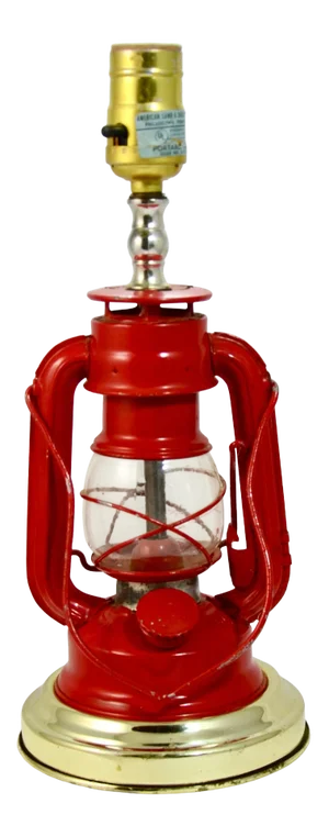 1970s Red Lantern With Brass Base Camping Motif Lamp