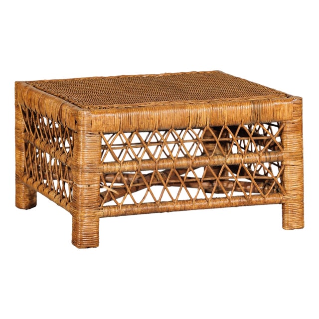 Vintage Country Style Low Rectangular Rattan Coffee Table with Lattice Base For Sale