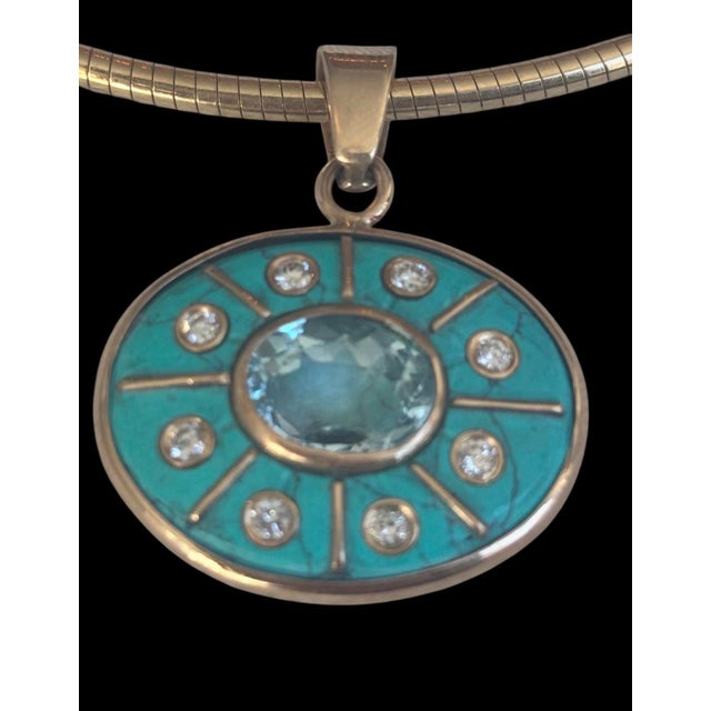 Sol Pendant, Turquoise With Blue Topaz, Diamonds & 14k Gold For Sale - Image 11 of 12
