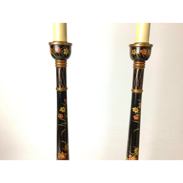 Pair of 1980s Black and Gold Floral Tole Candlestick Buffet Lamps For Sale - Image 4 of 6