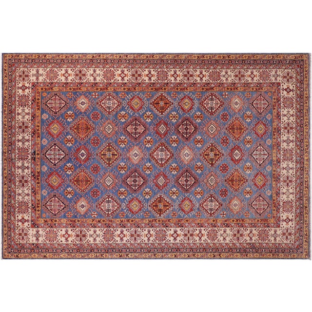 Shabby Chic Tribal Super Kazak Blue/Beige Wool Rug - 9'0'' X 12'1'' For Sale - Image 10 of 10