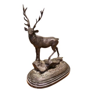 Bronze Sculpture of a Stag Standing on a Rock on a Marble Plinth For Sale