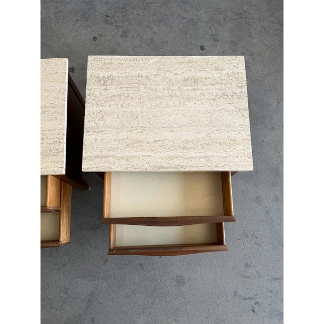 1960s Travertine & Walnut Nightstands by American of Martinsville - Pair For Sale In Los Angeles - Image 6 of 17