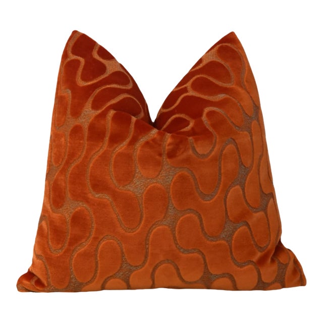 Mid-Century Modern Abstract Style Orange Velvet Feather/Down Pillow For Sale