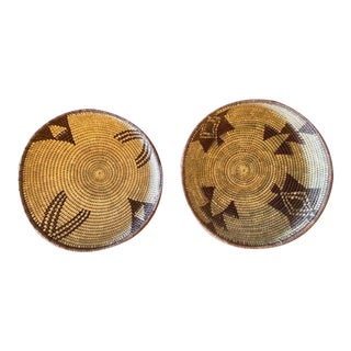 Large Papago Basketry Bowls With Rare Hand-Stitched Hide Bottom - Set of 2 For Sale