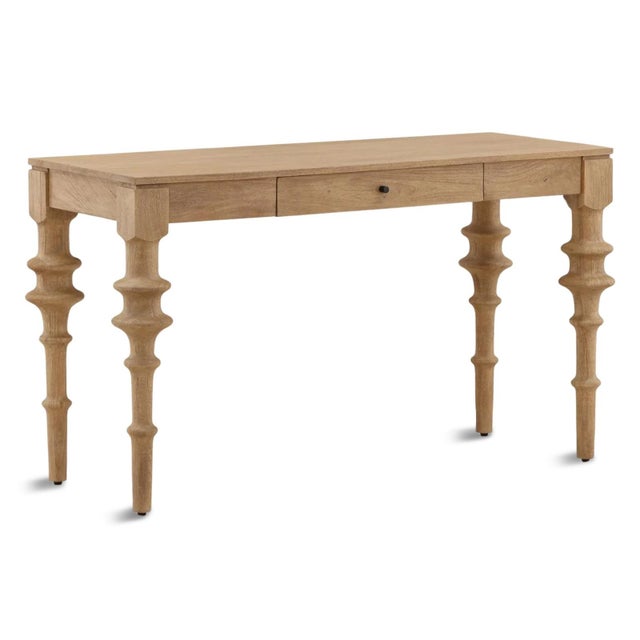 Solid beautiful natural mango wood desk with one drawer. Carved modern ripple design on legs. Each desk may vary in wood...