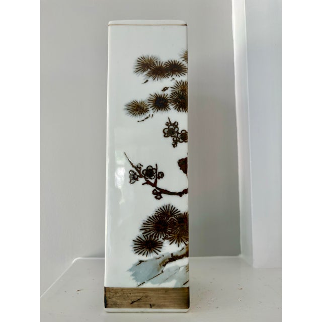 Vintage Mid-Century Japanese Hand-Painted Porcelain Square Sleeve Vase For Sale - Image 12 of 12