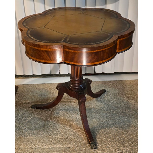 Traditional Cloverleaf (6-Lobed) Drum With Elaborate Inlay, Gilded Tooled Inset Leather Top, ca.1930s/40s, For Sale - Image 3 of 11