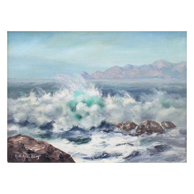 Gorgeous mid-century Pacific seascape of brilliant blue waves breaking on shallow rocks by Ruth Kjos Berg (American, 20th...